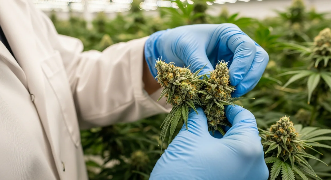 Worker harvesting cannabis in a licensed indoor facility